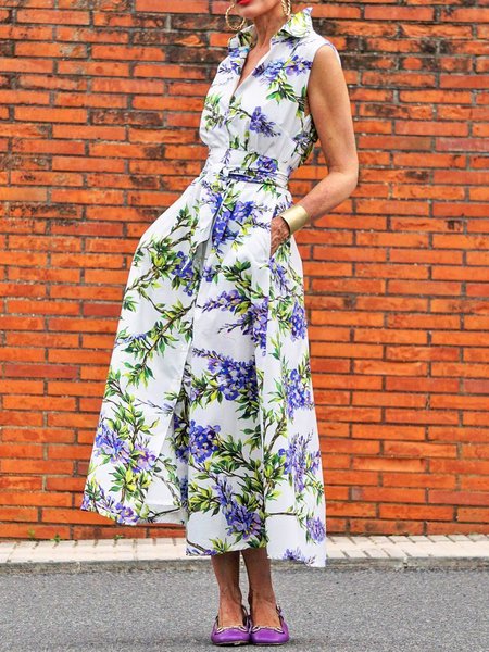 Shirt Collar Loose Urban Printing Dress With Belt, As picture, Maxi Dresses
