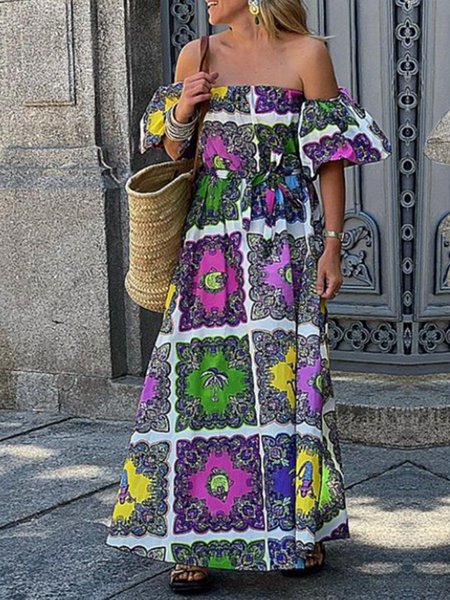 

Cold Shoulder Vacation Floral Loose Dress With Belt, As picture, Maxi Dresses