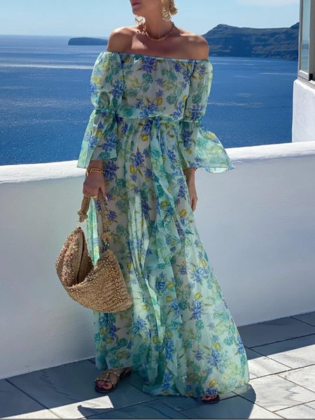 

Regular Fit Vacation Floral Cold Shoulder Dress, Green, Maxi Dresses