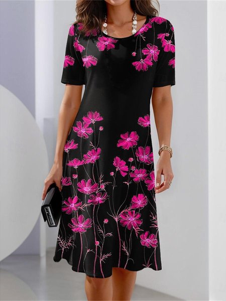 

Elegant Cotton-Blend Floral Loose Dress, Black, Dresses