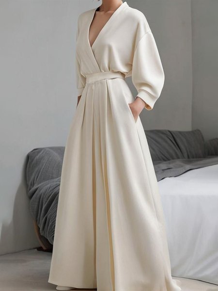 

Loose Plain V Neck Urban Dress, Beige, Maxi Dresses