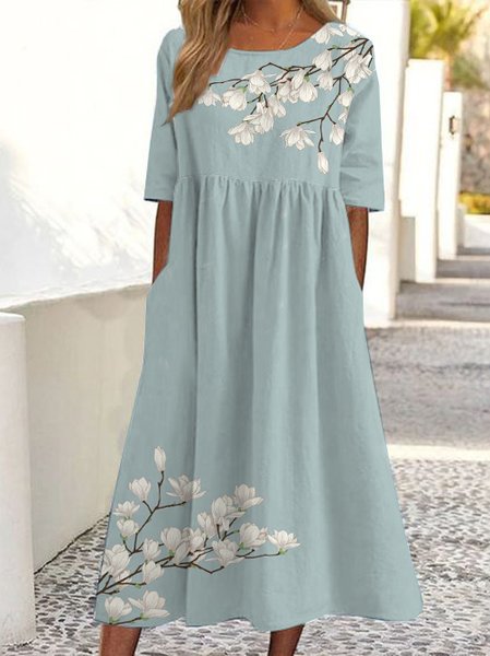 

Floral Casual Loose Crew Neck Dress With No, Light blue, Dresses