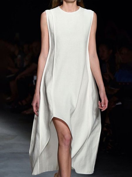 

Plain Regular Fit Urban Crew Neck Dress, White, Midi Dresses