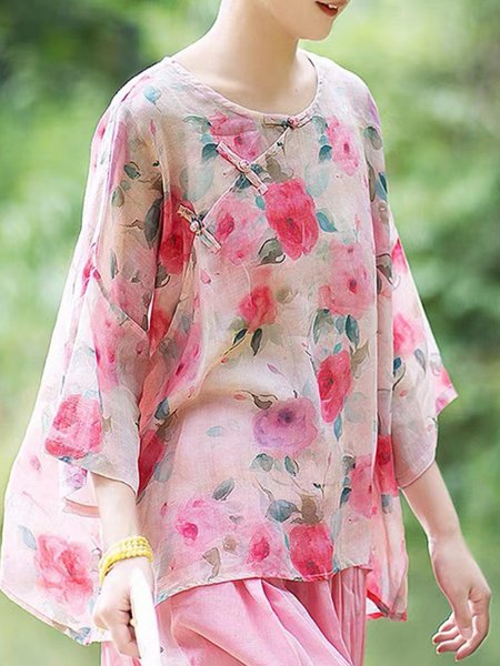 

Crew Neck Long Sleeve Floral Regular Loose Shirt For Women, Pink, Blouses