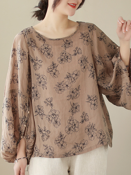 

Stand Collar Long Sleeve Floral Regular Loose Shirt For Women, Khaki, Blouses