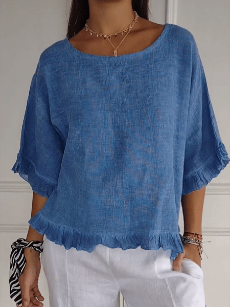 

Plain Cotton And Linen Simple Shirt, Blue, Tees & T-shirts
