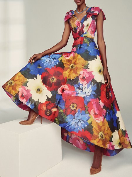 

Regular Fit Floral Elegant V Neck Dress, As picture, Maxi Dresses