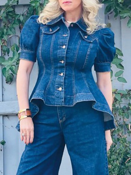 

Plain Casual Shirt Collar Buttoned Denim Blouse, Blue, Blouses and Shirts