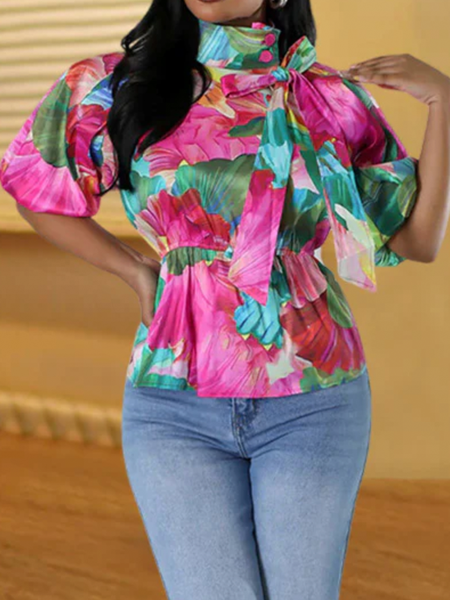 

Regular Fit Floral Elegant Stand Collar Short Sleeve Shirt, As picture, Blouses and Shirts