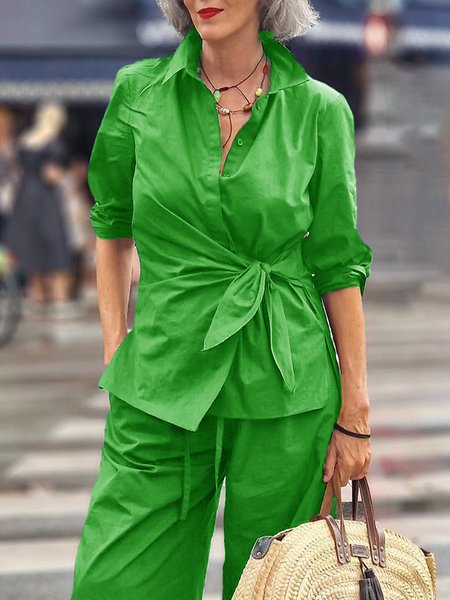 

Plain Shirt Collar Loose Casual Blouse, Green, Blouses and Shirts