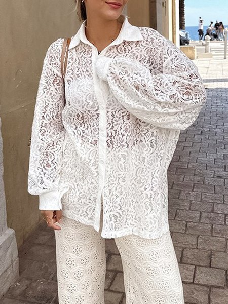 

Vacation Lace Loose Daily Shirt Collar Blouse, White, Blouses and Shirts