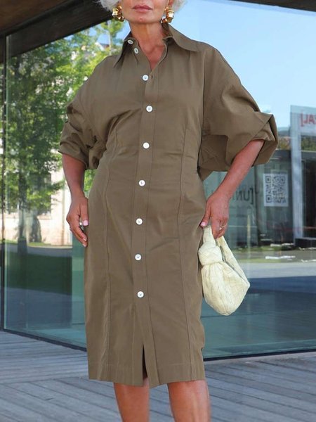 

Regular Fit Plain Urban Shirt Collar Dress, As picture, Midi Dresses
