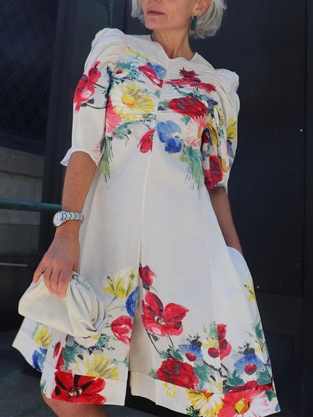 

Loose Crew Neck Floral Vacation Midi Dress, As picture, Midi Dresses
