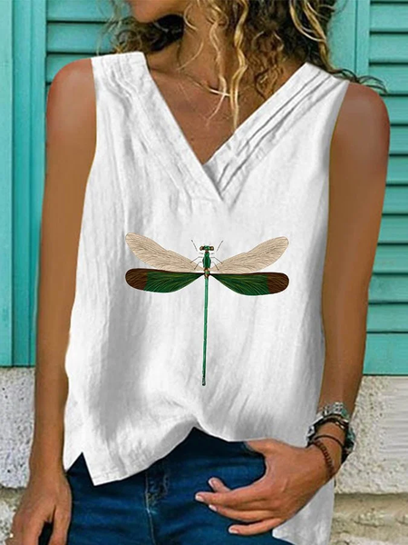 

Dragonfly Simple Linen Style Tank Top, White, Tank Tops & Camis