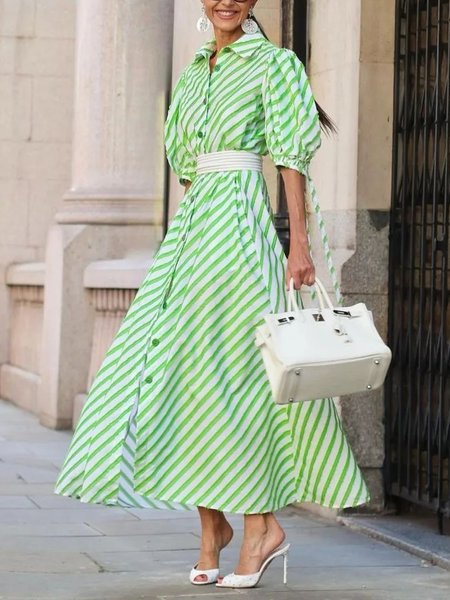 

Shirt Collar Striped Loose Urban Long Sleeve Maxi Dress, Green, Maxi Dresses