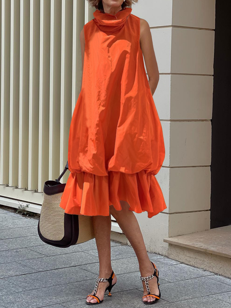 

Loose Urban Plain Sleeveless Midi Dress, Orange, Midi Dresses