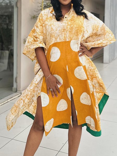Daily Loose Casual Polka Dots Stand Collar Dress, Yellow, Midi Dresses