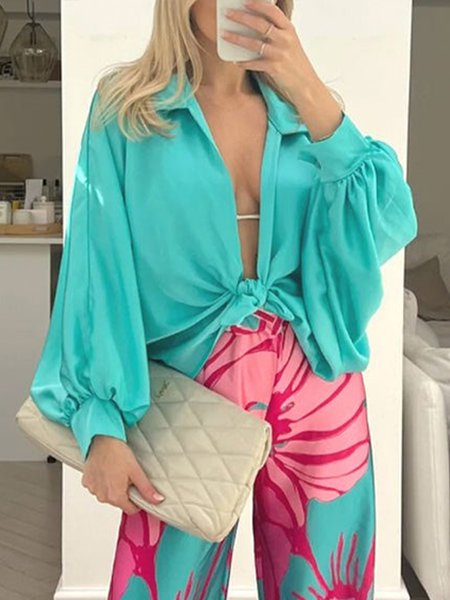 

Vacation Loose Shirt Collar Plain Blouse, As picture, Blouses and Shirts