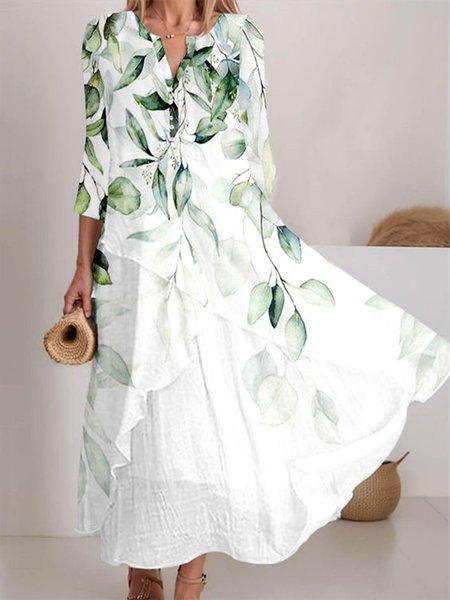 

V Neck Vacation Buttoned Leaf Dress, Green, Dresses