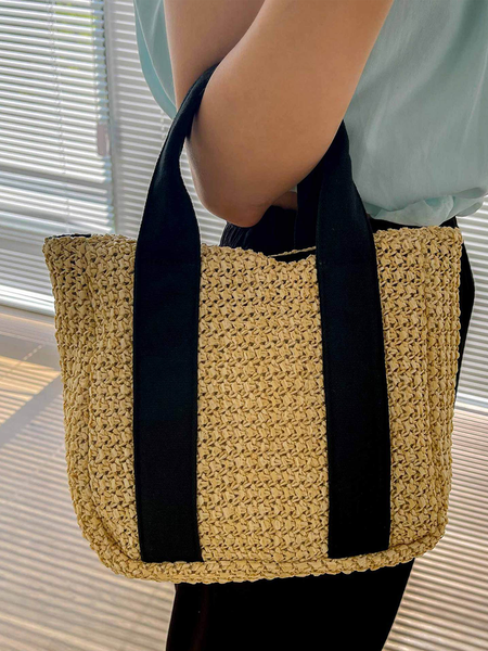 

草编包时尚潮流手提编织包旅游度假休闲海滩包, Beige, Bags
