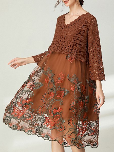 

Women Plain V Neck Short Sleeve Comfy Casual Embroidery Maxi Dress, Coffee, Dresses