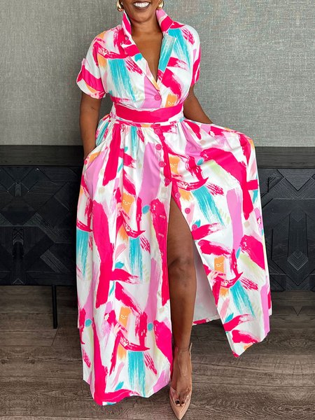 

Lapel Collar Regular Fit Abstract Vacation Dress, As picture, Maxi Dresses