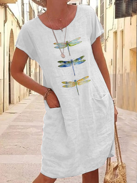 

Dragonfly Loose Simple Linen Style Dress With No, White, Midi Dresses