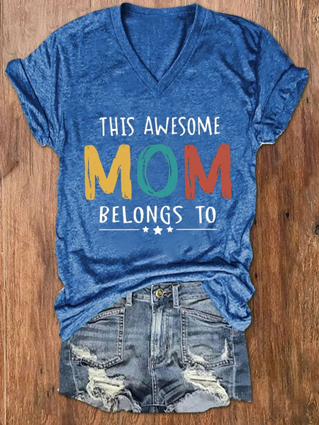 

Women's This Awesome Mom Belongs To Printed T-Shirt, Blue, T-shirts