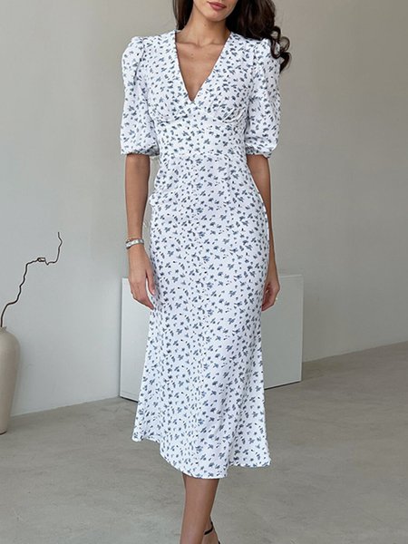 

Elegant Floral V Neck Regular Fit Dress, Blue, Midi Dresses