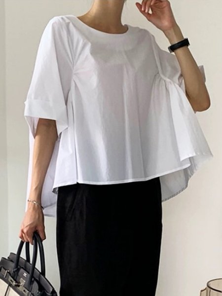 

Daily Cotton Plain Casual Crew Neck Loose Shirt, White, Blouses and Shirts