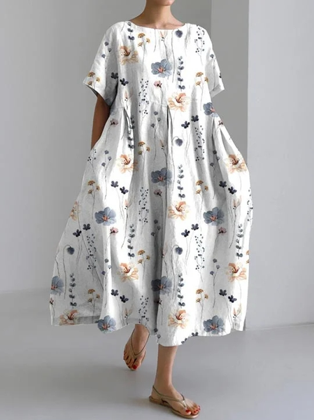 

Floral Loose Casual Dress With No, White, Dresses