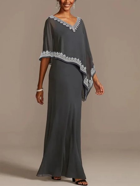 

Irregular Craftsmanship Elegant Chiffon V Neck Dress, Deep gray, Dresses