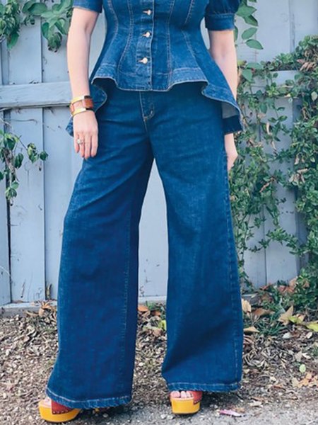 

Denim Daily Plain High Waist Wide leg Jeans, Blue, Jeans