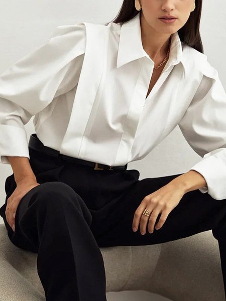 

Urban Shirt Collar Loose Plain Blouse, White, Blouses and Shirts