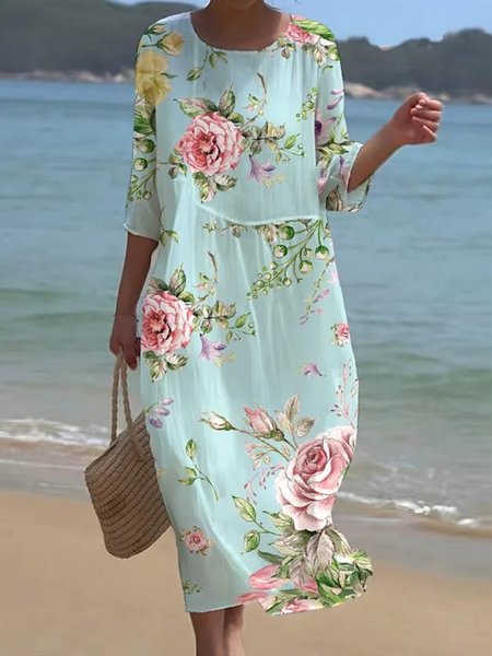 

Casual Loose Floral Ruched Dress, Green, Dresses