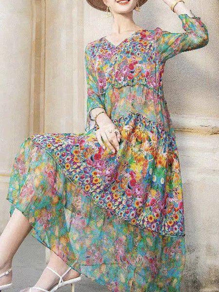 

Women Floral Square Neck Short Sleeve Comfy Casual Maxi Dress, Red, Dresses