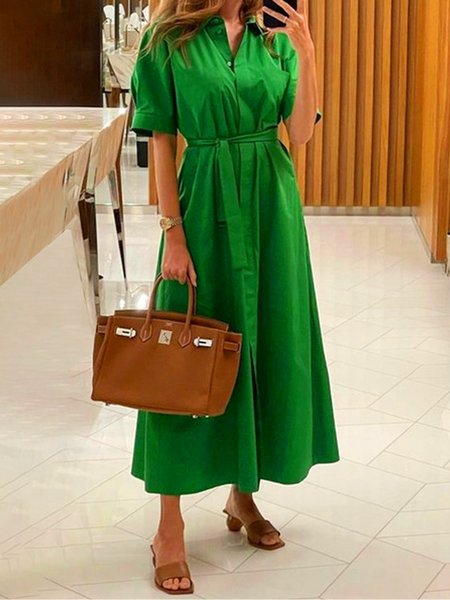 

Plain Urban Shirt Collar Dress With Belt, Green, Maxi Dresses