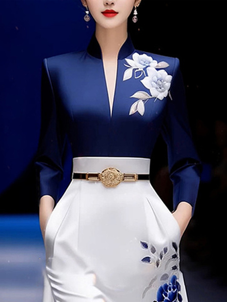 

Plus Size Elegant Regular Fit Floral Stand Collar Shirt, Blue, Plus Tops