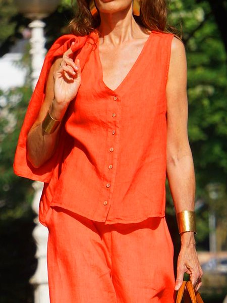 

V Neck Loose Casual Plain Vest, Orange, Vests and Gilets