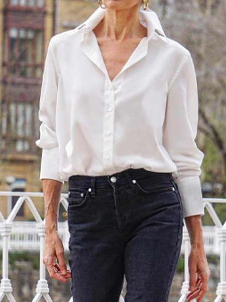 

Plain Shirt Collar Urban Loose Blouse, White, Blouses and Shirts