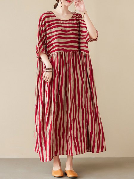 Women Striped Square Neck Short Sleeve Comfy Casual Maxi Dress, Red, Dresses