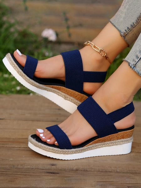 Casual Plain Slip On Block Heel Slide Sandals, Blue, Shoes