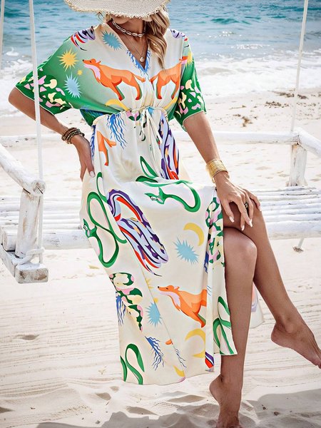 

Women Geometric V Neck Short Sleeve Comfy Vacation Maxi Dress, White, Dresses