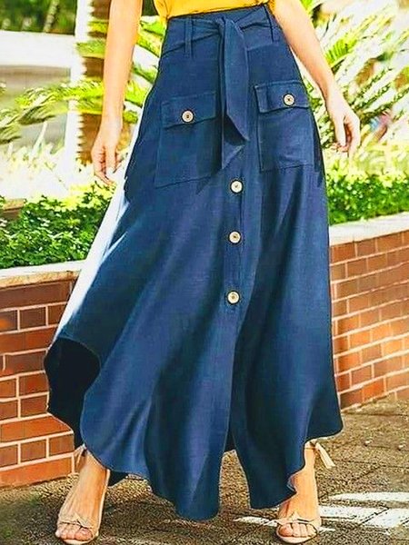 

Casual Plain Regular Fit Skirt With Belt (Faux Denim), Blue, Skirts