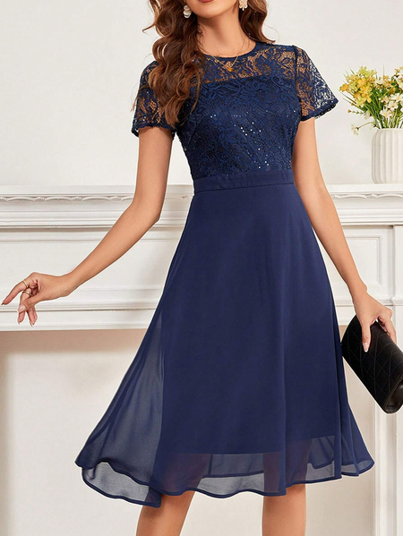 

Glitter Regular Fit Crew Neck Elegant Dress, Blue, Dresses