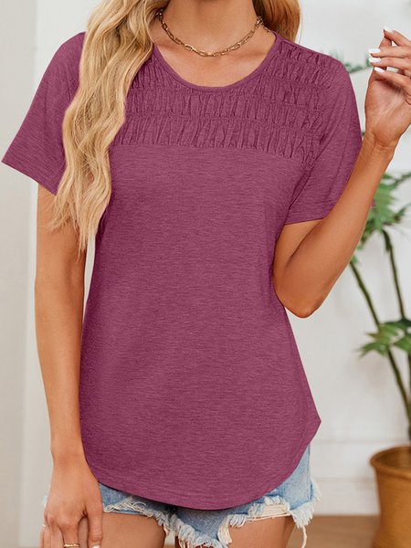 

Crew Neck Short Sleeve Plain Regular Micro-Elasticity Regular Fit Shirt For Women, Wine red, Blouses