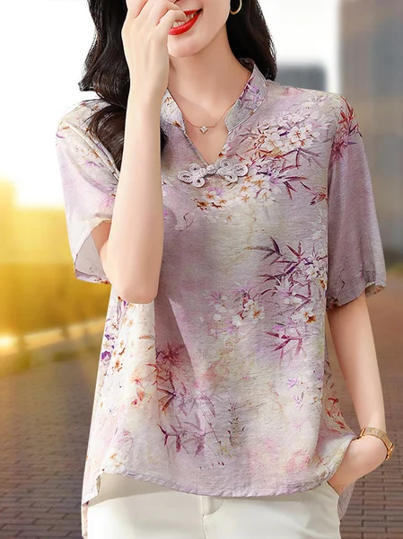 

Notched Half Sleeve Floral Embroidery Regular Loose Shirt For Women, Light purple, Blouses
