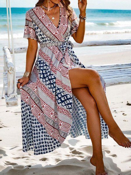 

Women Ethnic Geometry V Neck Short Sleeve Comfy Vacation Maxi Dress, Multicolor, Dresses