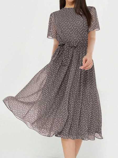 

Sash Elegant Polka Dots Crew Neck Dress With Belt, Coffee, Dresses