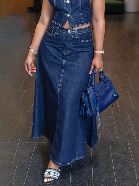 

Urban Denim Plain Regular Fit Skirt, Blue, Denim Skirts